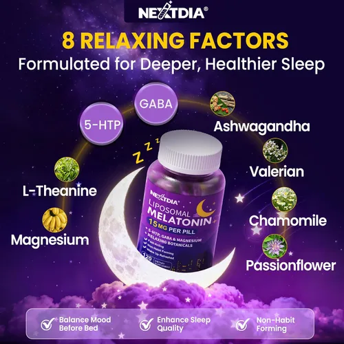 Vista 5 de Suplemento liposomal para dormir melatonina + magnesio, ayuda natural para dormir tranquila para adultos, 15 mg 30 mg pastillas de liberación
