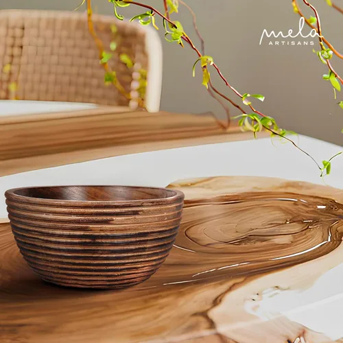 Vista 3 de Mela Artisans Tazón de madera de mango para servir, quemado oscuro, 9 pulgadas Frutero decorativo multiusos para ensaladas, aperitivos crujientes