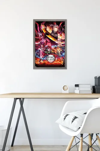 Vista 6 de Demon Slayer - Póster de pared Key Visual 1, 22.4 pulgadas de largo x 14.7 pulgadas de ancho, versión enmarcada de madera de granero