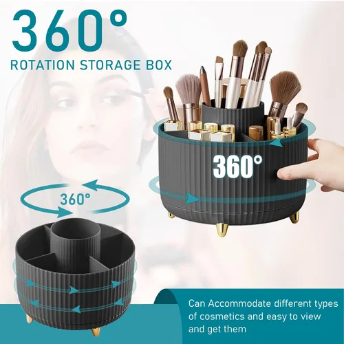 Vista 2 de Organizador para brochas de maquillaje, organizador de brochas de maquillaje giratorio 360°, taza con 5 ranuras para brochas de maquillaje