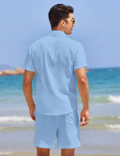 Vista 4 de COOFANDY Men 2 Piece Linen Set Casual Short Sleeve Shirt and Short Beach Set