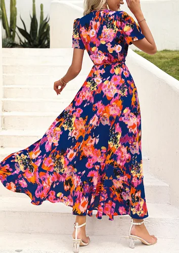 Vista 6 de PRETTYGARDEN - Vestido largo de verano cruzado para mujer, con cuello en V, estilo bohemio, floral, manga corta, dobladillo con volantes