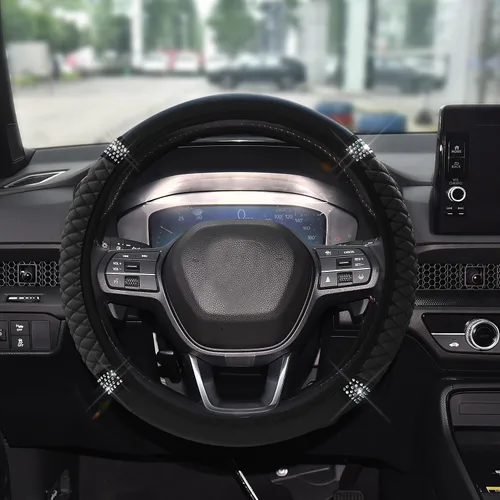 Vista 22 de Funda de Volante de Cuero Suave con Brillos, 15 Pulgadas, con Diamantes de Imitación Coloridos, Protector de Volante Elástico Automático