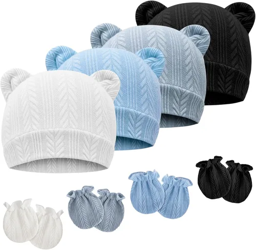 Vista 16 de Conjunto de gorro y mitones para recién nacidos con orejas de oso, gorro para bebé, gorro de hospital para bebé niño o niña, de 0 a 3 meses 4