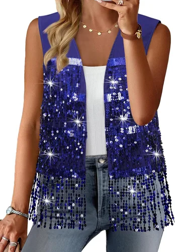 Vista 7 de ZXZY Womens Sequin Fringe Sleeveless Vest Sparkly Jacket Cardigan Negro