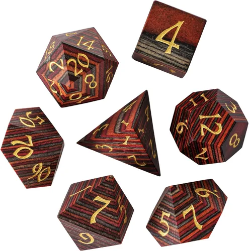 Vista 12 de Juego de dados D&D de sándalo rojo, dados poliédricos de madera natural con caja de lata de metal para juegos de rol y juegos de mesa
