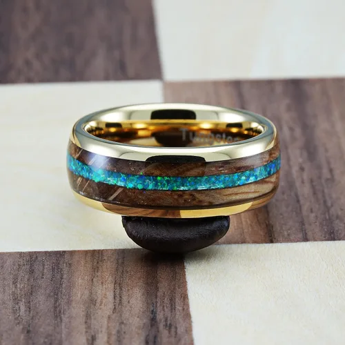 Vista 4 de 100S JEWELRY Anillos de tungsteno de oro de 14 quilates para hombre, barril de whisky y ópalo verde, alianza de compromiso de boda tamaño 6-16