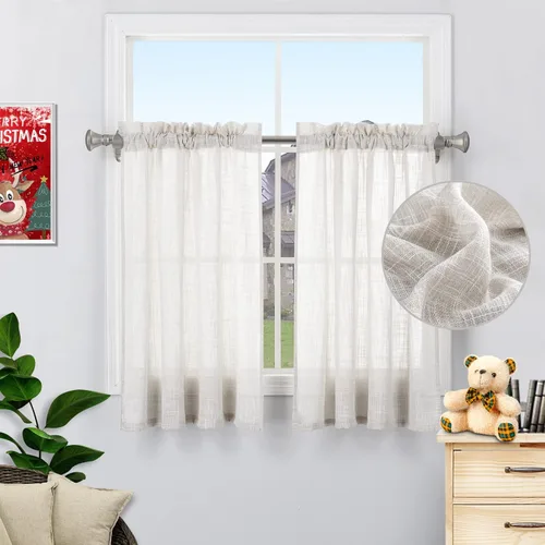 Vista 16 de Beda Home - Paneles de cortina texturizados de lino para cocina, sala de estar; paneles cortos rústicos filtrantes de luz para ventanas pequeñas