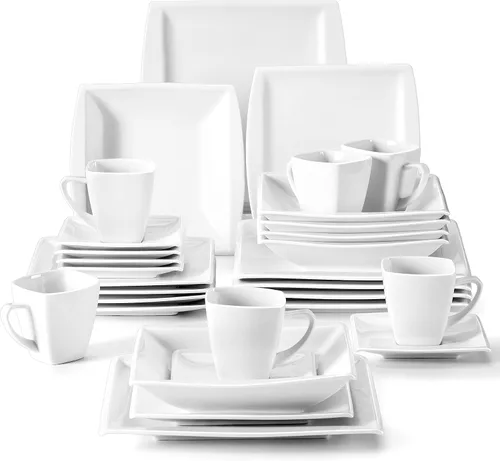 Vista 13 de MALACASA Juego de platos y cuencos, juego de vajilla de porcelana de 12 piezas para 4, platos cuadrados y cuencos para postre, ensalada y sopa