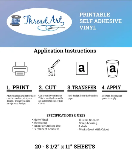 Vista 2 de Threadart Papel adhesivo de vinilo imprimible para impresoras de inyección de tinta y láser, color blanco, resistente al agua, se seca rápidamente