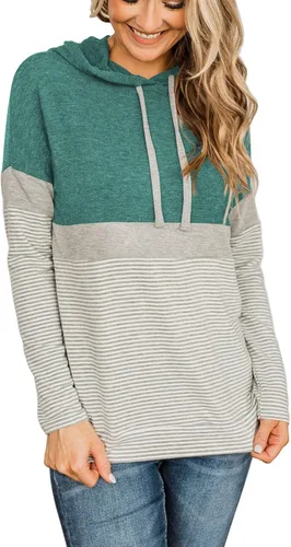 Vista 2 de Butgood Sudaderas con capucha de bloque de color para mujer, sudadera de manga larga, casual, con cordón, a rayas, túnica
