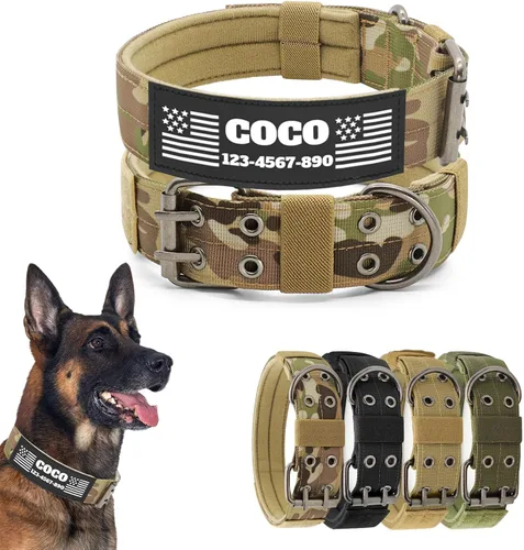 Vista 12 de Collar táctico personalizado para perro con parches de nombre y número de teléfono - Collar resistente personalizado con hebilla de cinturón
