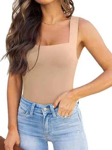 Vista 56 de Reoria - Camiseta sin mangas sexy tipo body con escote cuadrado para mujer, ropa para discoteca