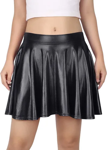 Vista 2 de HDE Falda acampanada plisada para mujer, estilo casual, metálica, acampanada, para patinadora Negro