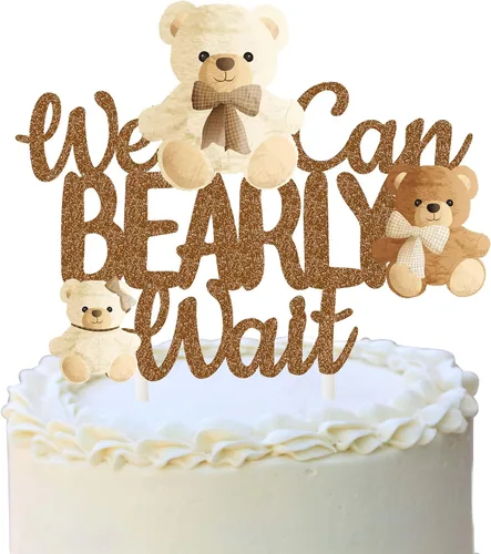 Vista 10 de 48 piezas de decoración para cupcakes con texto en inglés «We Can Bearly Wait» (We Can Wait Cupcake Toppers - Oso de peluche con brillantina)