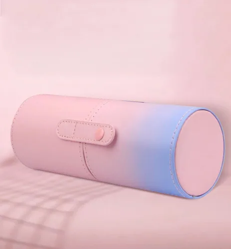 Vista 8 de VASANA Organizador de brochas de maquillaje de piel sintética rosa con tapa, herramientas de maquillaje portátiles, estuche organizador de gran