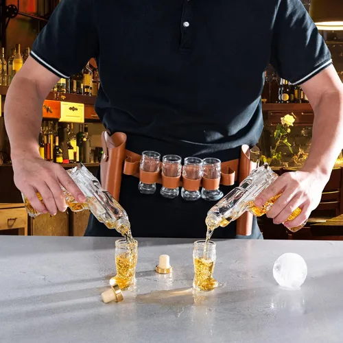 Vista 7 de Juego de decantador de pistola y vasos de chupito para fiesta, decantador de pistola de whisky y vaso de chupito, vertedores y tapón, 2 decantadores