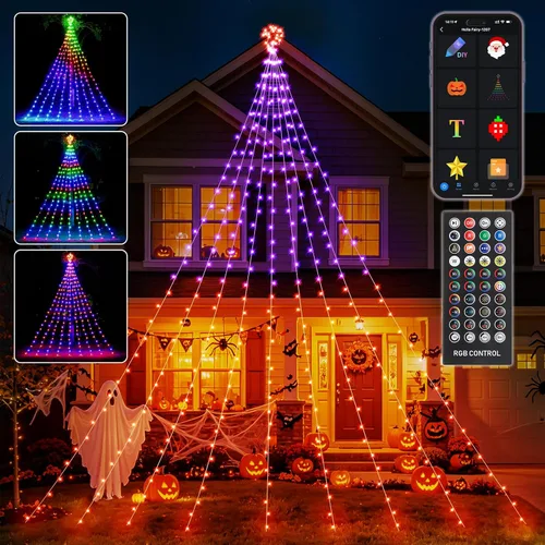 Vista 10 de Luces de Cascada de Navidad RGB Inteligentes de 16.4 Pies con Estrella, APP y Control Remoto, Espectáculo de Luz Personalizado DIY y Sincronización