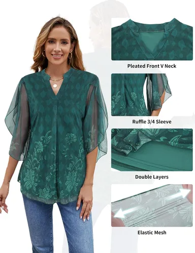 Vista 5 de Cucuchy - Blusas de manga 34 con volantes y cuello en V para mujer, blusas de malla elástica, túnica de doble capa