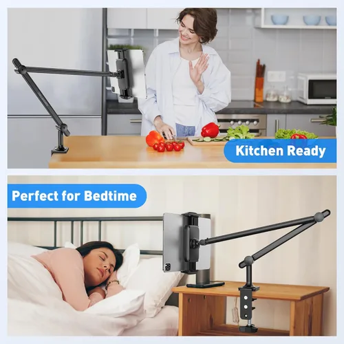 Vista 5 de AboveTEK Soporte para Tablet para Escritorio y Cama, Brazo de Aluminio para iPad con Abrazadera Giratoria de 360°, Soporte para Teléfono Ajustable