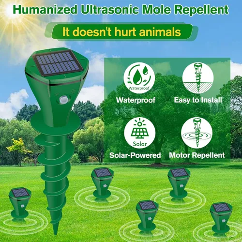Vista 2 de Repelente de topos alimentado por energía solar, paquete de 2 repelente ultrasónico de gopher IP65 impermeable para césped, jardín, patio, repelente