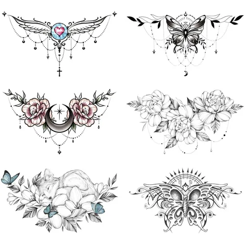 Vista 7 de Glaryyears Tatuajes temporales para el pecho y debajo del seno para mujeres adultas, paquete de 6, tatuajes falsos negros realistas grandes de larga