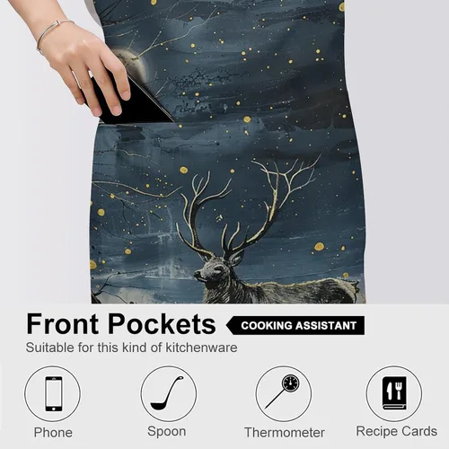 Vista 5 de MUSM Apron for Adults - 27.6 X 31.5 Inch, Heavy-Duty Polyester Aprons with Two Large Pockets, Waterproof Painting Under Moonlight Kitchen Apron for