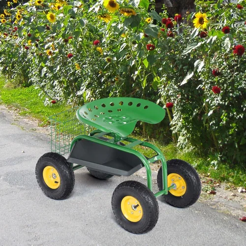 Vista 2 de Giantex Asiento de trabajo de jardín rodante, asiento de trabajo de jardinería giratorio 360 con ruedas, cesta de herramientas, altura ajustable