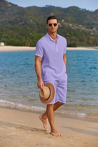 Vista 7 de COOFANDY Conjunto de 2 piezas de lino para hombre, camisas Henley casuales de manga corta, pantalones cortos de yoga para la playa, pantalones