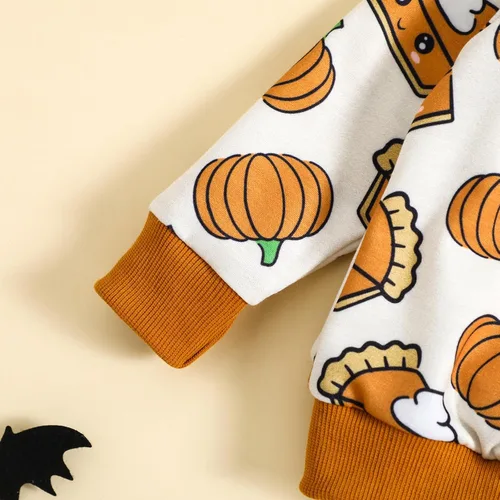 Vista 4 de Conjunto de sudadera de manga larga con estampado floral de calabaza y pantalones para bebé niña