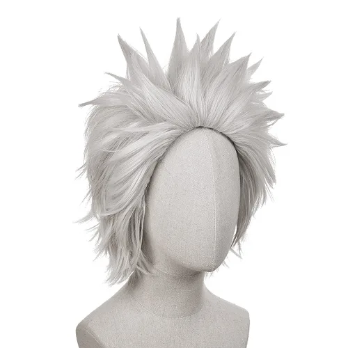 Vista 6 de Peluca corta de cosplay blanca plateada para hombre, pelucas de pelo liso de anime para Halloween