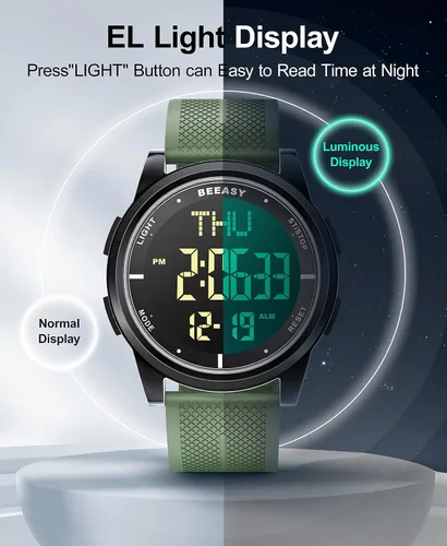 Vista 58 de Beeasy - Reloj digital de pulsera resistente al agua con cronómetro, alarma, cuenta regresiva, doble zona horaria, ultrafino, pantalla angular muy