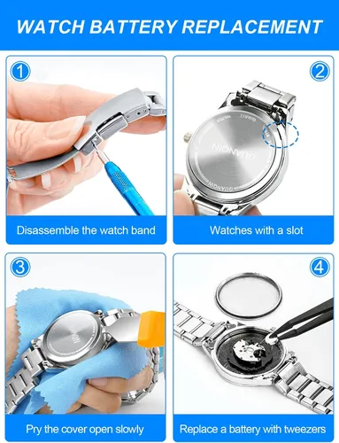 Vista 4 de JOREST Kit de herramientas de reparación de reloj para reemplazo de batería, ajuste de tamaño de correa, removedor de pasadores de eslabones