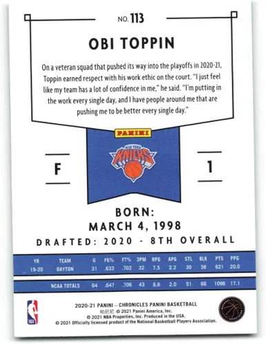 Vista 2 de 2020-21 Panini Chronicles #113 Obi Toppin New York Knicks RC Rookie Card Official NBA Basketball Trading Card in Raw (NM or Better) Condition