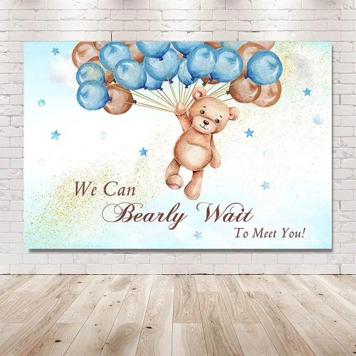 Vista 5 de MEHOFOND Telón de fondo de baby shower con texto en inglés "We Can Bearly Wait to Meet You" de 7 x 5 pies, globos azules y marrones, purpurina