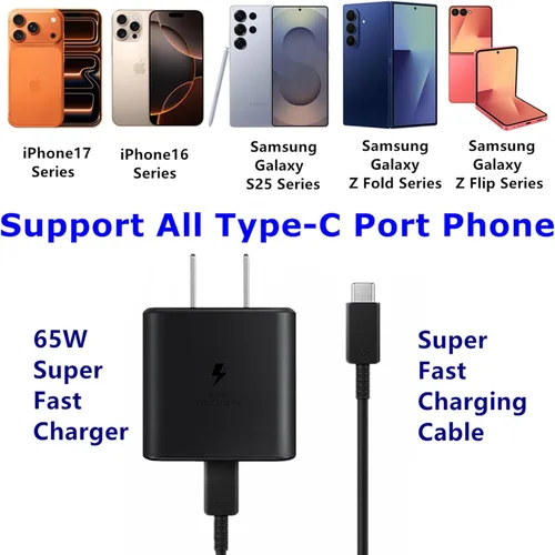 Vista 2 de Cargador de pared de carga súper rápida de 65 W, compatible con Samsung Galaxy Z Fold7 Fold6 Fold5 Flip7 Flip6 S24 S25 Ultra Note20 Ultra iPhone17