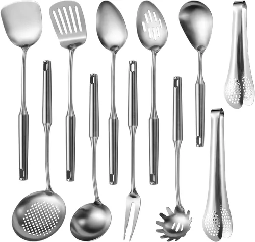 Vista 7 de Utensilios de cocina de acero inoxidable 304 con espátula, cuchara sólida, cucharón, espumadera, cuchara de espagueti, juego de 6 piezas, apto