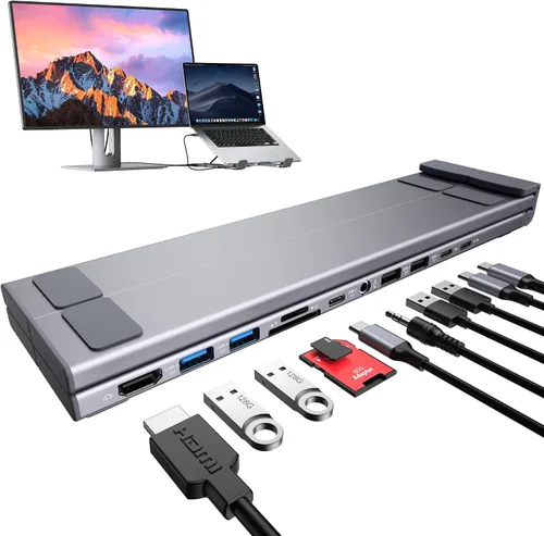 Vista 12 de Base de acoplamiento USB C de 5 en 1 con soporte para portátil de aluminio ajustable, concentrador USB C con 4 puertos USB A 3.0 con transferencia