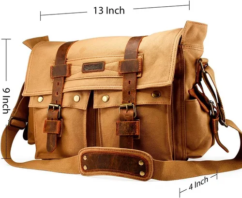Vista 3 de Bolsa de mensajero para portátil vintage, de lona, de cuero, bandolera, bolso de hombro para computadora, viaje, oficina, bolso de mensajero