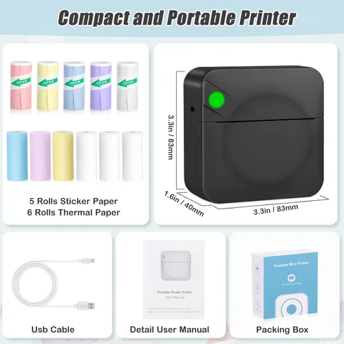 Vista 7 de Zeacool - Mini impresora de adhesivos, mini impresora térmica de bolsillo con 11 rollos de papel, impresora inalámbrica sin tinta Bluetooth