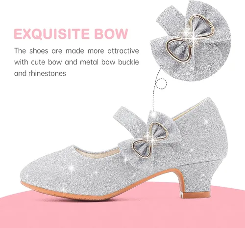 Vista 4 de Dufannie Zapatos de vestir para niñas, zapatos de tacón bajo de princesa, zapatos planos con purpurina para bodas y fiestas