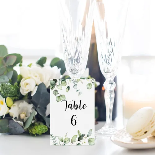 Vista 4 de Zonon 26 Piezas Tarjetas de Números de Mesa de Boda 1-25 con Números de Mesa Principal Tarjetas de Doble Cara de Follaje de Eucalipto Centros