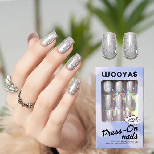 Vista 7 de Uñas postizas a presión extra cortas de color rojo cereza, uñas postizas cuadradas medianas, kit de pegamento reutilizable con pestañas adhesivas