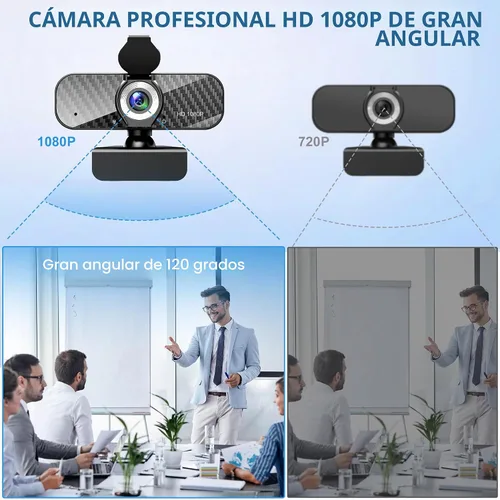 Vista 2 de Webcam Full HD 1080P con micrófono incorporado y trípode giratorio, placa de fibra de carbono y cubierta de privacidad, corrección de luz