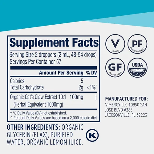 Vista 4 de Vimergy USDA Organic - Líquido de garra de gato - Proporciona apoyo antioxidante* - Beneficia al sistema inmunológico* - Vegano, sin gluten, sin OMG