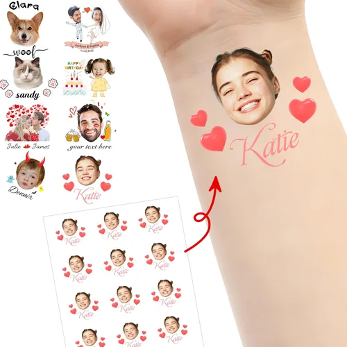 Vista 11 de Tatuajes personalizados temporales personalizados temporales con nombre, logotipo, foto facial para adultos, boda, cumpleaños, San Valentín