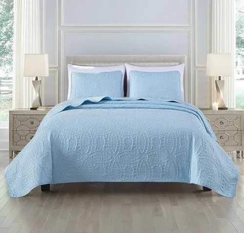 Vista 22 de Chezmoi Collection Austin - Juego de colcha tamaño matrimonial/doble, colcha de microfibra ligera acolchada Pinsonic de 3 piezas, color azul grisáceo