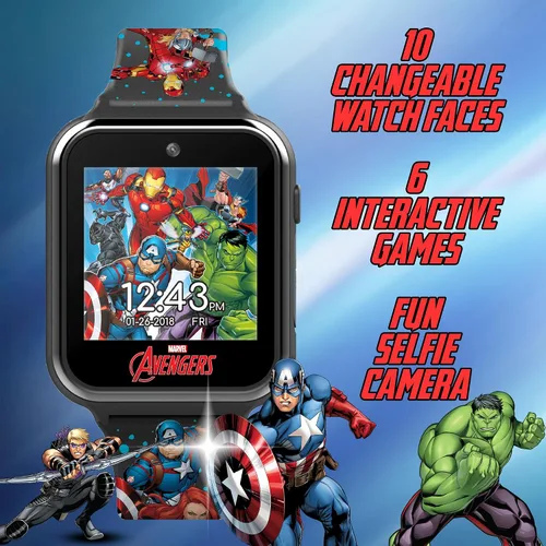 Vista 4 de Marvel Avengers - Reloj inteligente interactivo para niños, reloj con pantalla táctil con juegos, cámara, grabadora de voz, rastreador de pasos