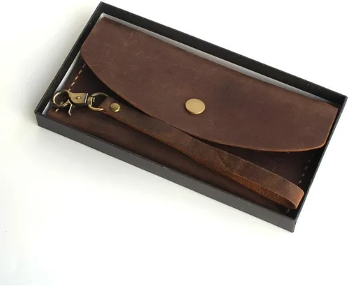 Vista 7 de Handmade Leather Wristlet Wallet with Card Slots Retro Multi-function Envelope Mobile Phone Card Holder Clutch Wallet with Hand Wrist Lanyard