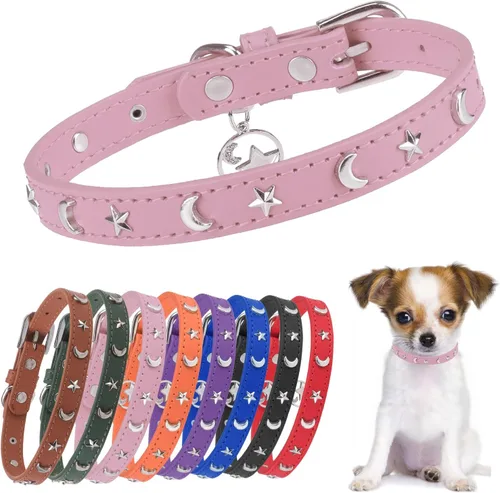 Vista 10 de Collar de cuero para perros pequeños, collar suave y ajustable con remaches de estrella y luna para perros machos y hembras, collares para cachorros